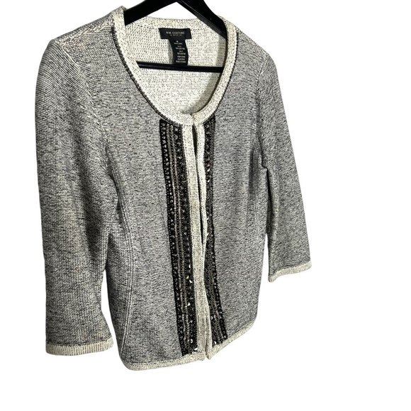 MM Couture Miss Me Black Cream Grey Beaded Button Up Cardigan Medium - Picture 2 of 8